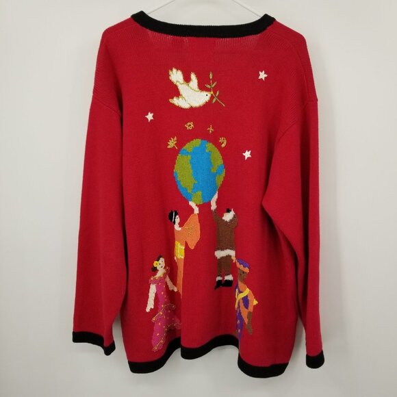 Vintage Storybook Knits World Unity and Peace Diversity Sweater 2X Red Artsy - Picture 2 of 13